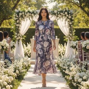 Komarov Charmeuse floral crinkle mesh midi dress L blue-pink romantic a-line